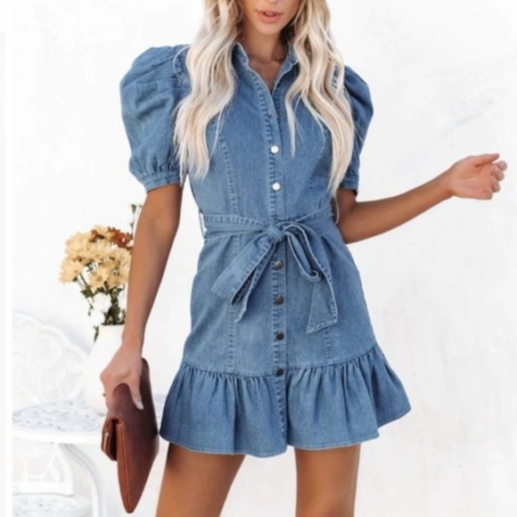 Vici Dresses & Skirts - Vici Dress Denim Flirty Ruffle Short Puff Sleeve Mini Size S